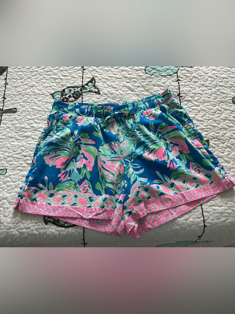 Lilly Pulitzer Bright Blue Tropical Floral Athletic Shorts with Pink Trim
